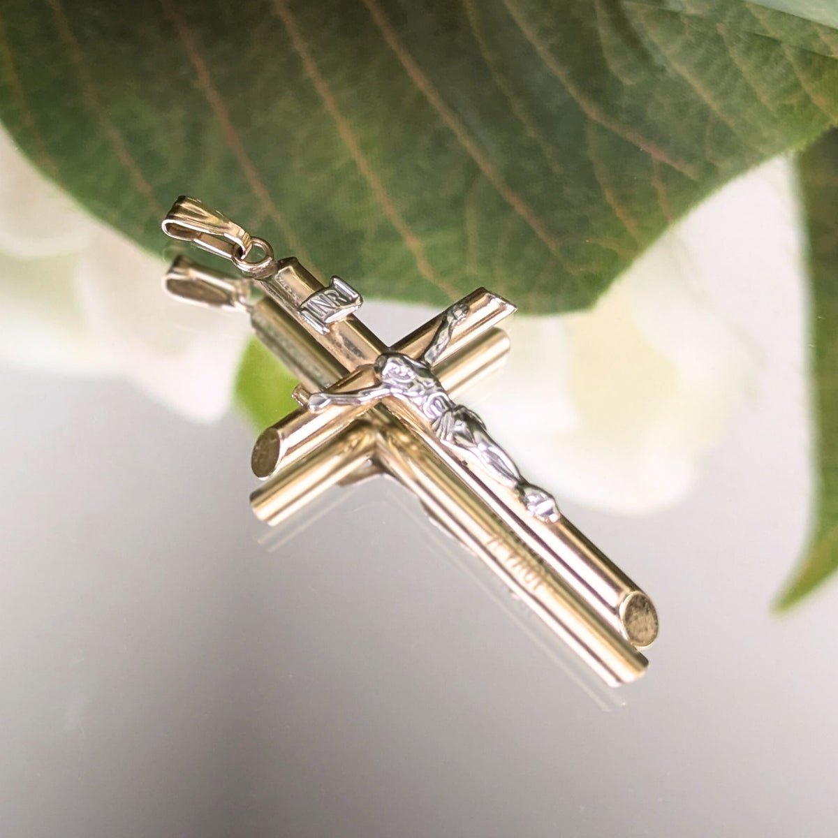 10K Two-Tone Gold 41mm "INRI" Crucifix Pendant