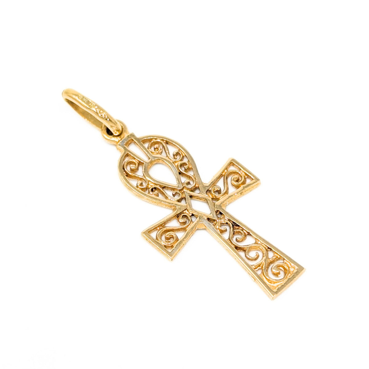 Italian 18K Gold Pierced Ankh Cross Key of Life Pendant