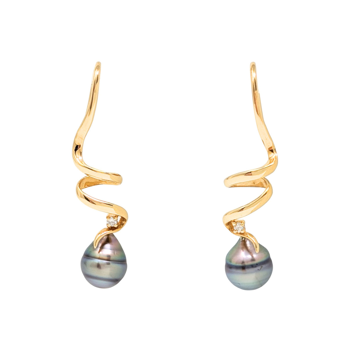18K Gold, South Sea Pearl, & Diamond Swirl Drop Earrings