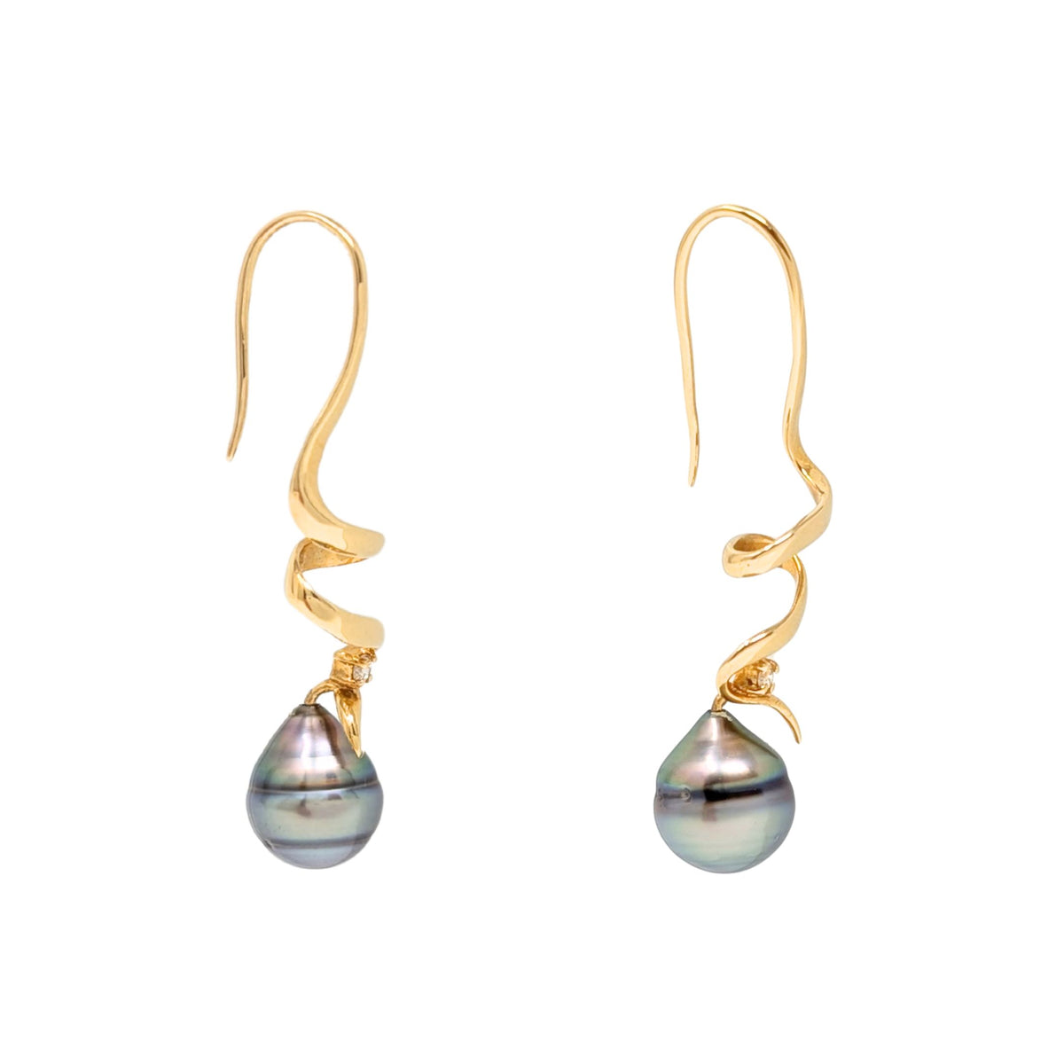 18K Gold, South Sea Pearl, & Diamond Swirl Drop Earrings