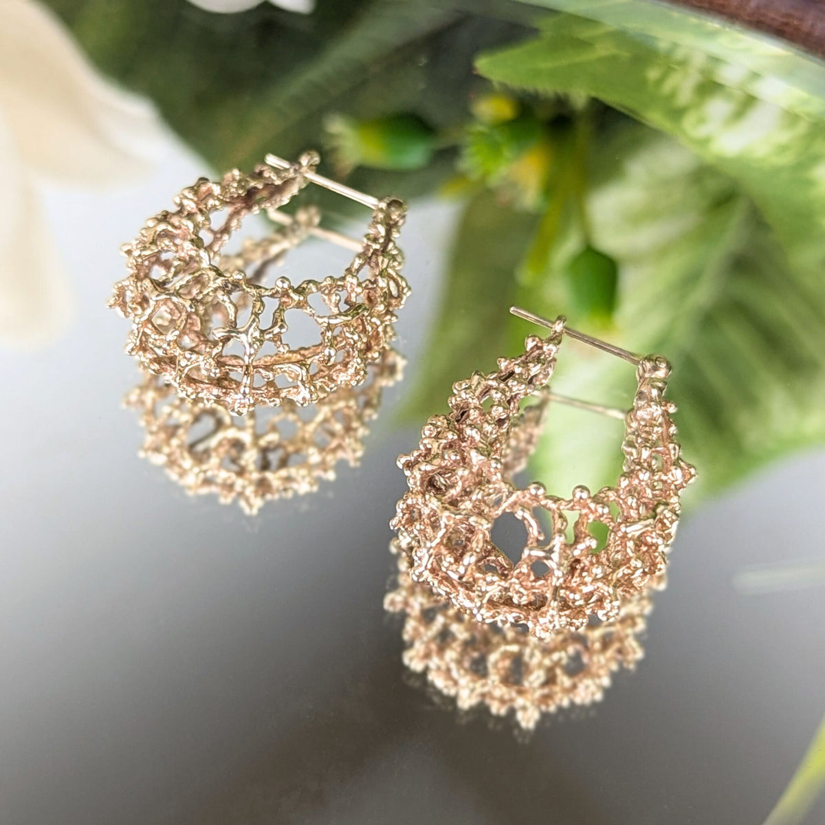 14K Gold Coral Net Hoop Earrings