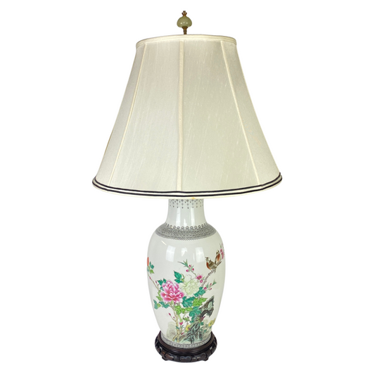 Vintage Chinese Birds Porcelain Vase Lamp