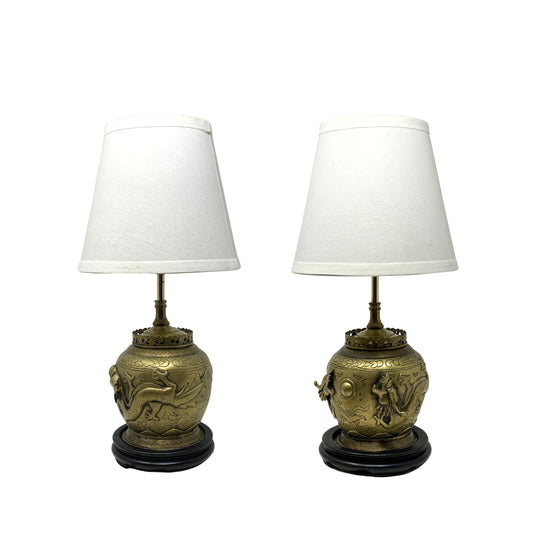 Antique Chinese Bronze Jar Dragon Lamps (Pair)