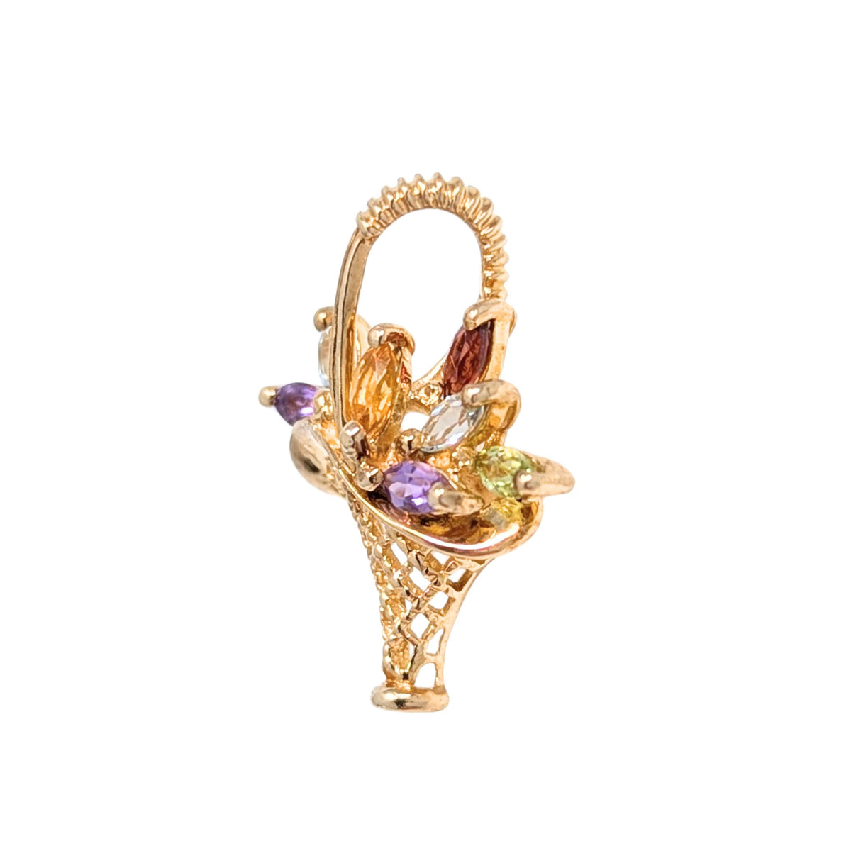 10K Gold Semi-Precious Gemstone Flower Basket Slide Pendant