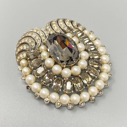 Crown Trifari "Jewels of India" Gray Rhinestone Necklace, Earring, & Brooch Set