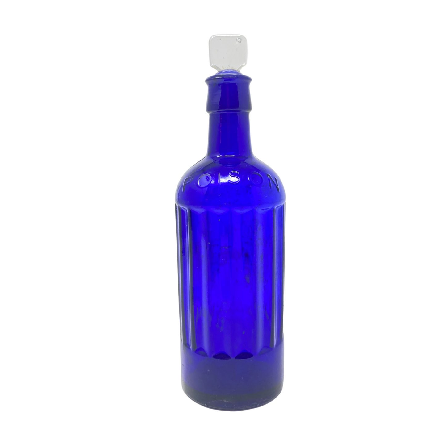 Antique Cobalt Blue Round English KC-52 Poison Bottle w/ Clear Stopper