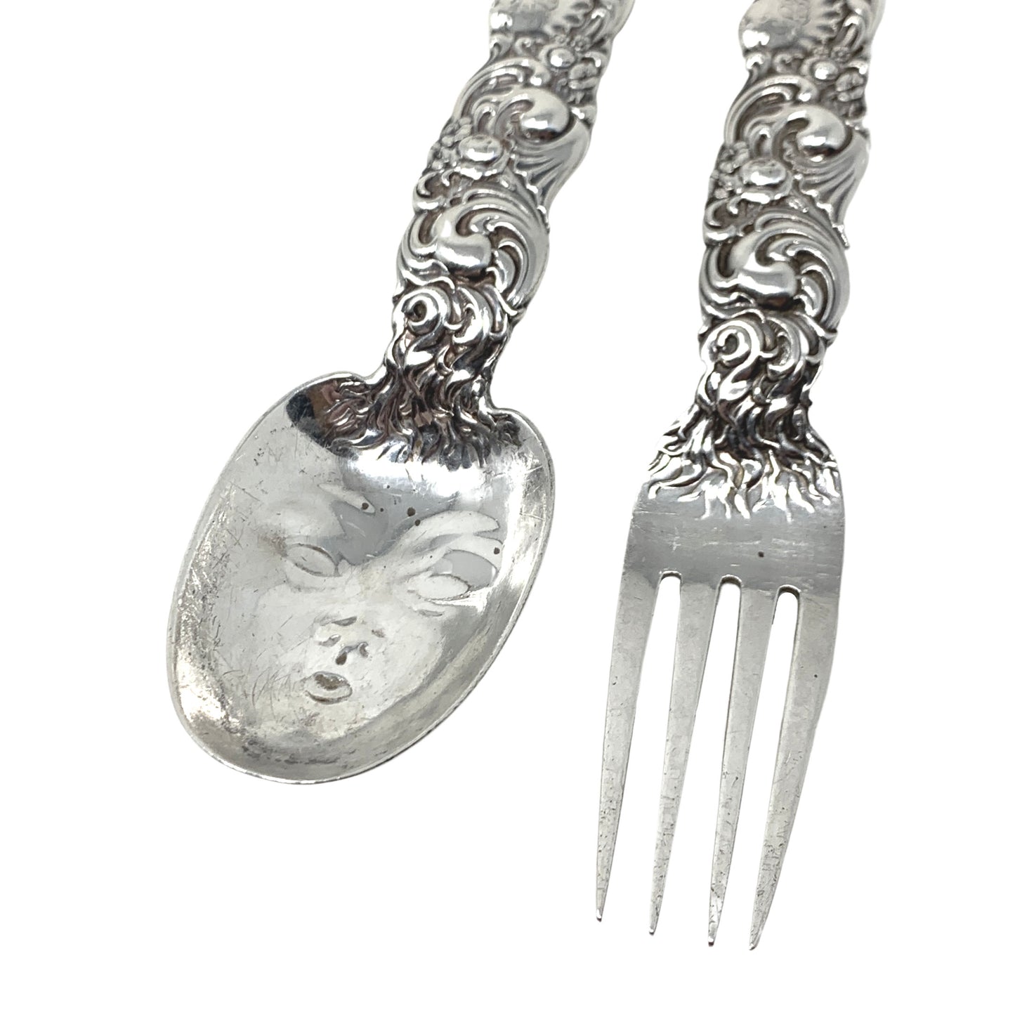 Whiting Antique Art Nouveau Sterling Baby Face Spoon & Fork