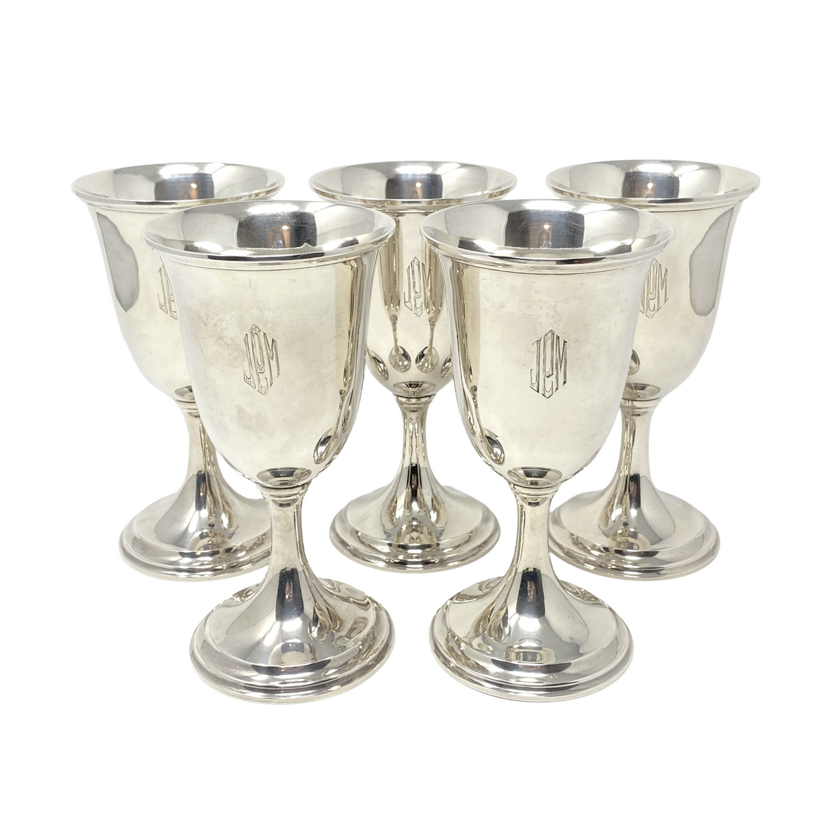 (5) Vintage S. Kirk & Son Inc. Sterling Silver JPM Monogram Wine/Water Goblets