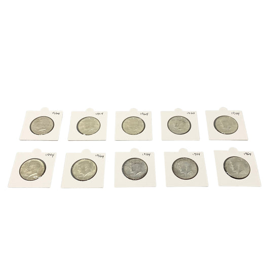 1964 90% Silver Kennedy Half Dollar BU Lot of 10 Coins