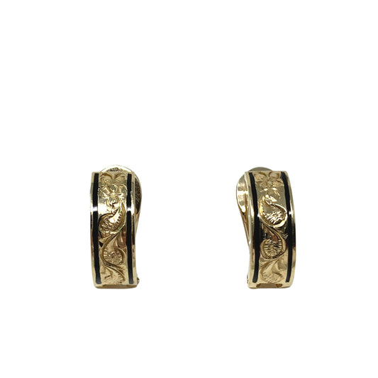 14K Gold & Black Enamel Floral Cut Omega Back Earrings