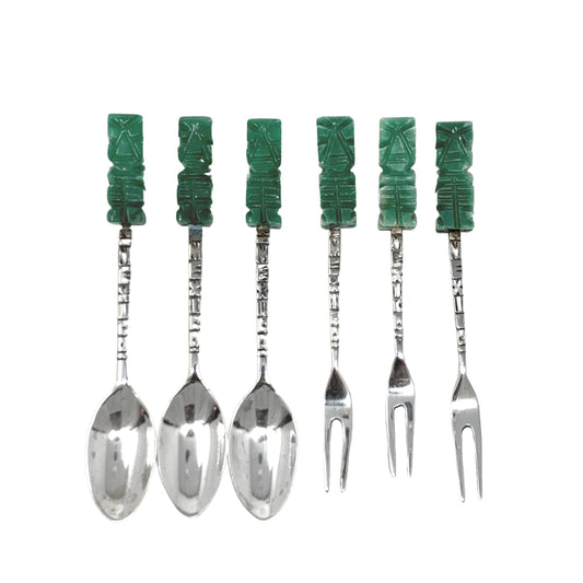 Silver Mexican Mayan/ Aztec Souvenir Cocktail Forks & Spoons (Set of 6)