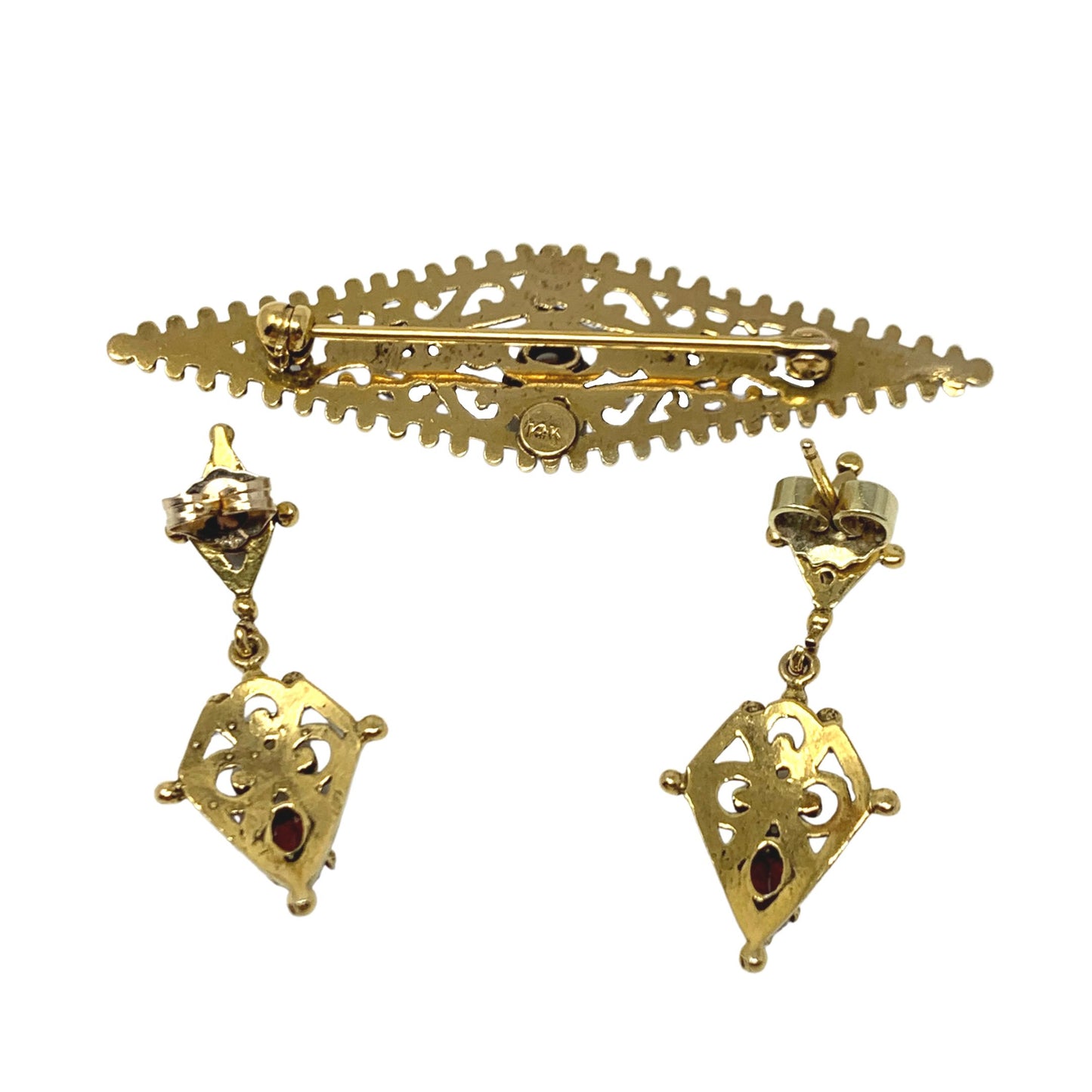 14K Gold 3pc Vintage Garnet Drop Earrings & Brooch Set