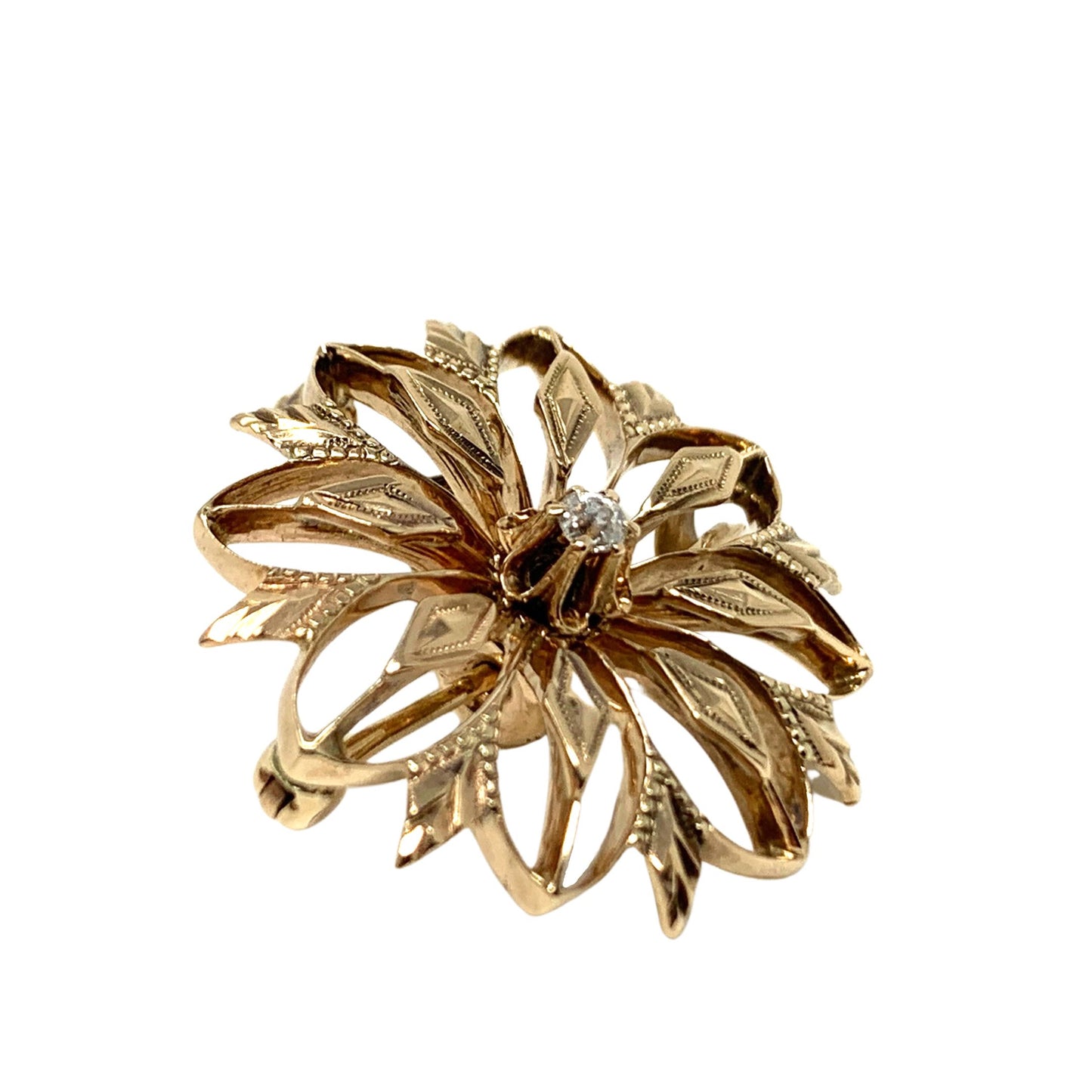 14K Yellow Gold Antique Diamond Flower Brooch/ Pendant