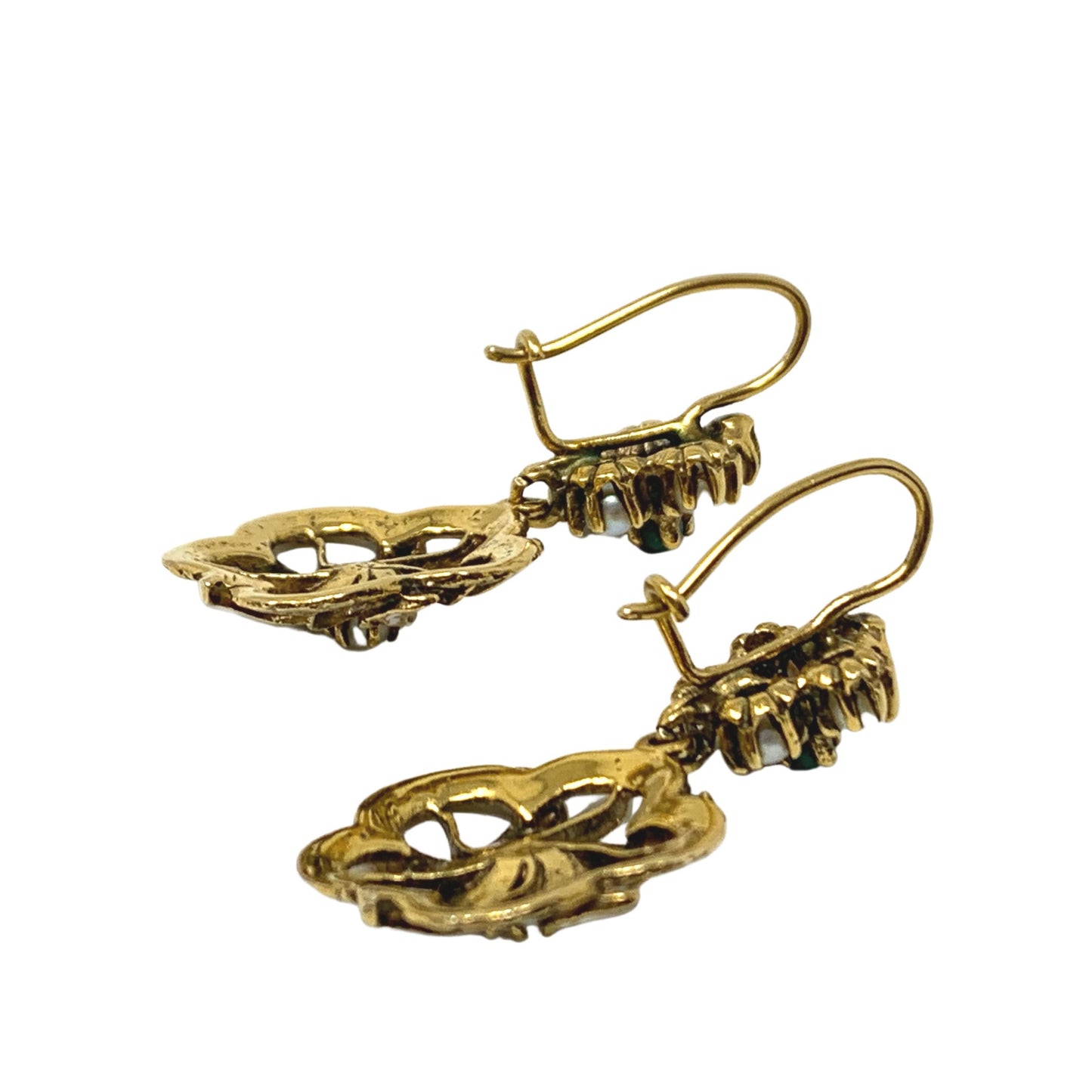 Antique 14K Gold Pearl & Jade Enameled Floral Drop Earrings