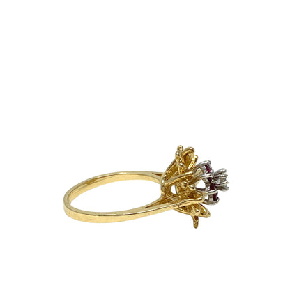 14K Gold Diamond & Ruby Floral Ring