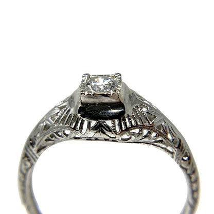 M & F 1920's 18K White Gold Filigree Solitaire 0.2ct Diamond Ring