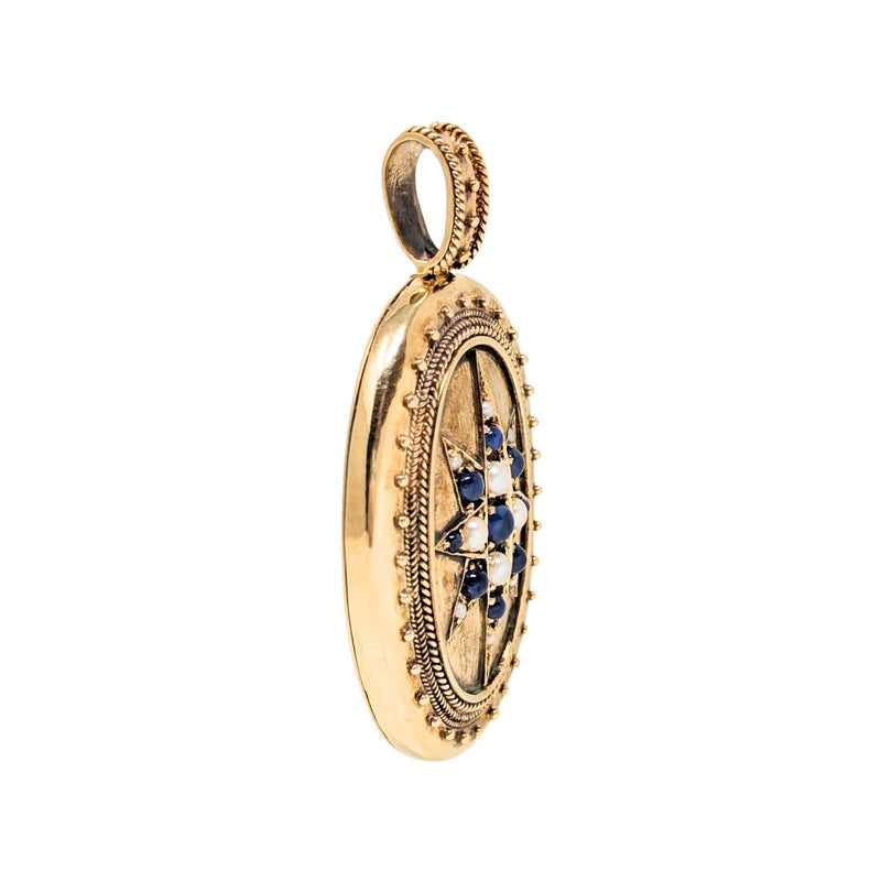 Victorian 14K Gold Blue Sapphire & Pearl Starburst Mourning Locket