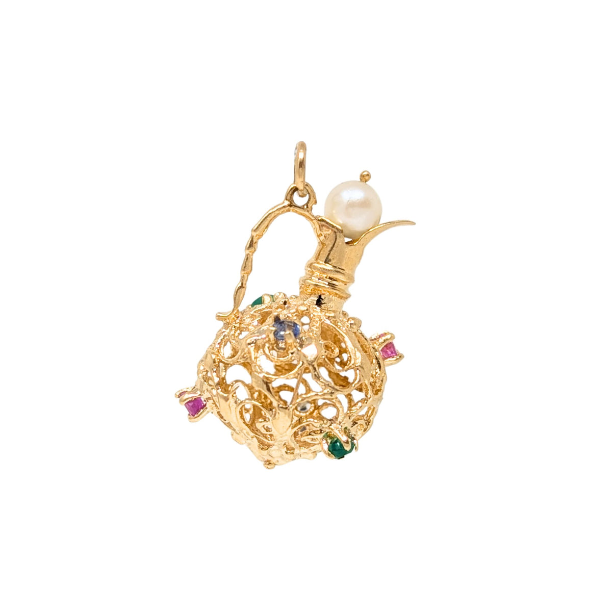 Vintage 13K Gold Multi-Stone 30mm Filigree Water Pitcher Charm/Pendant