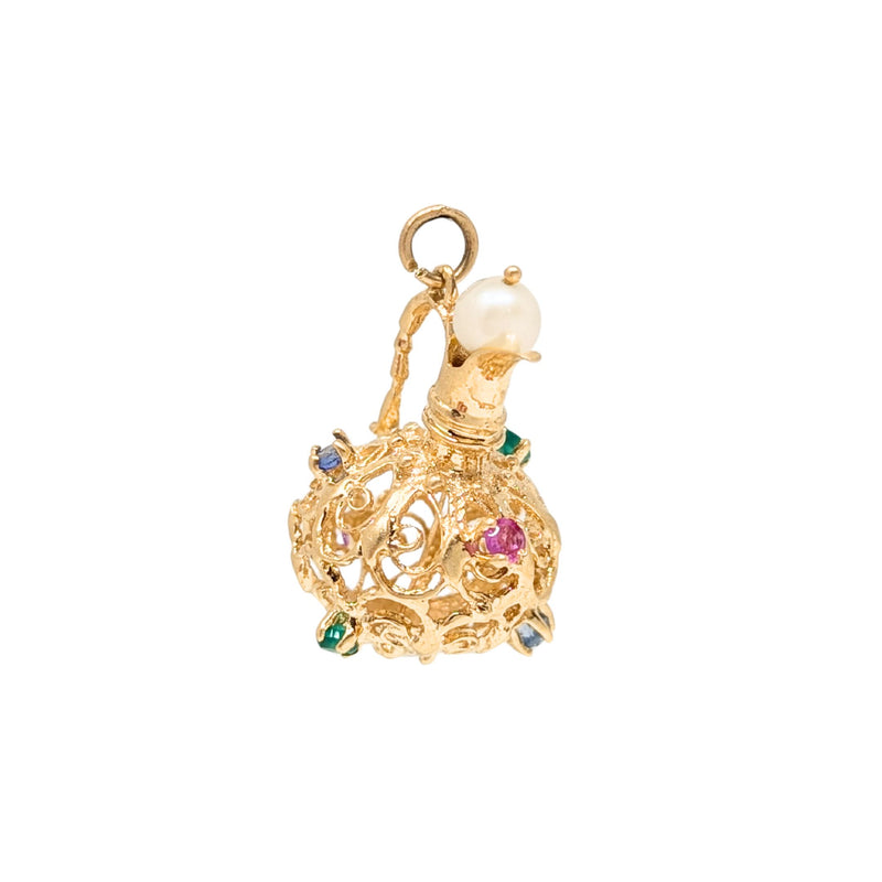Vintage 13K Gold Multi-Stone 30mm Filigree Water Pitcher Charm/Pendant