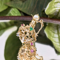 Vintage 13K Gold Multi-Stone 30mm Filigree Water Pitcher Charm/Pendant