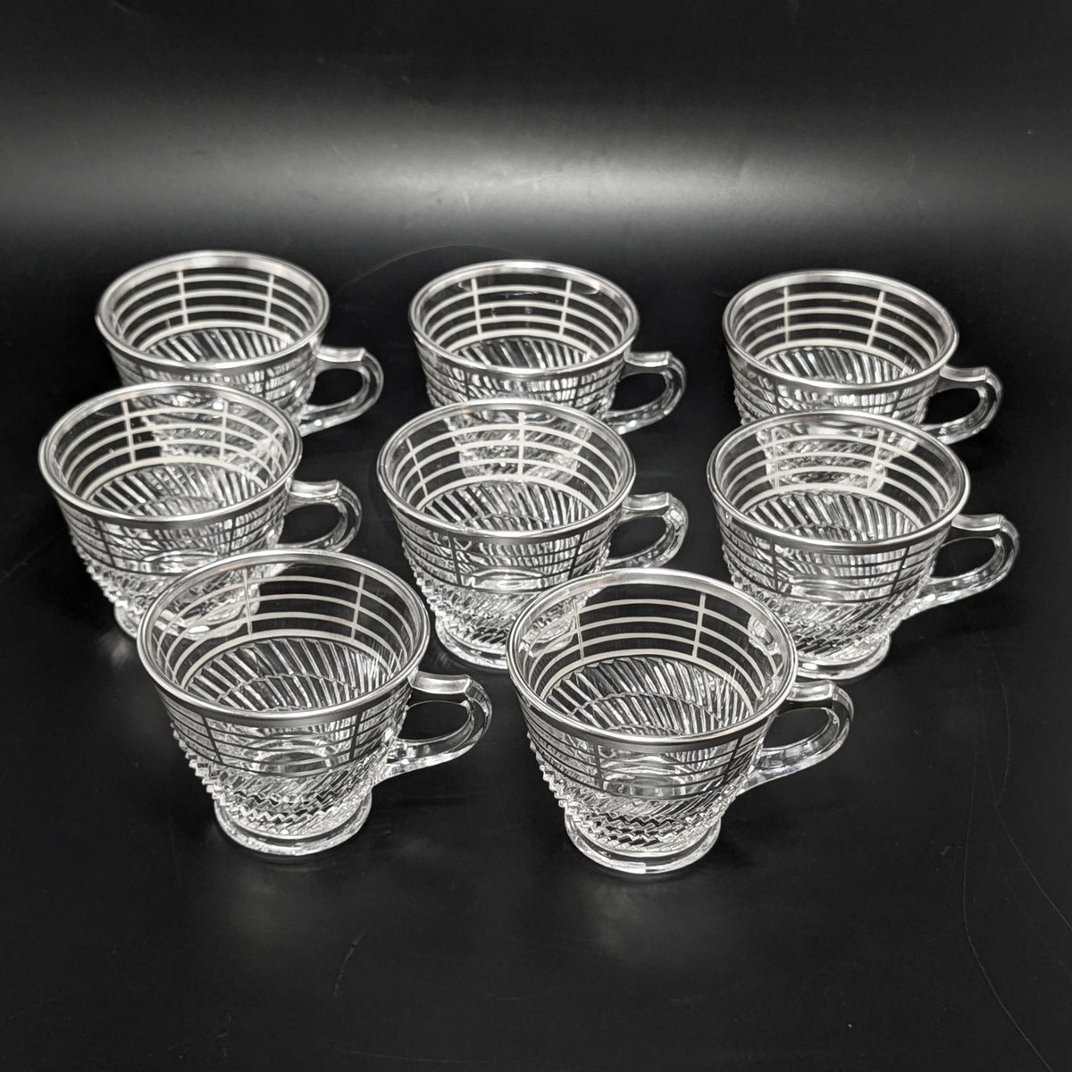 Art Deco Silver Overlay Pressed Glass Punch Bowl & 8 Punch Cups
