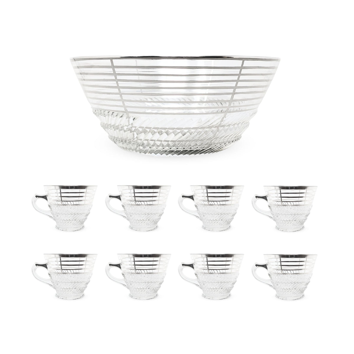 Art Deco Silver Overlay Pressed Glass Punch Bowl & 8 Punch Cups