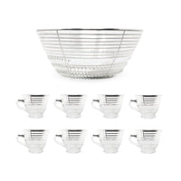 Art Deco Silver Overlay Pressed Glass Punch Bowl & 8 Punch Cups
