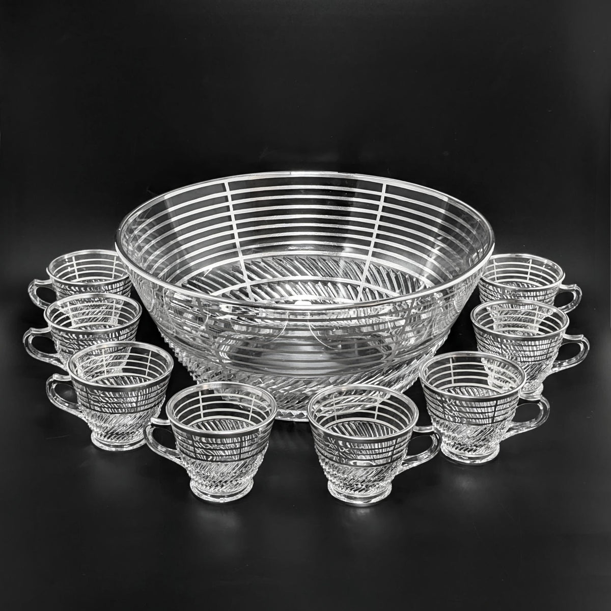 Art Deco Silver Overlay Pressed Glass Punch Bowl & 8 Punch Cups