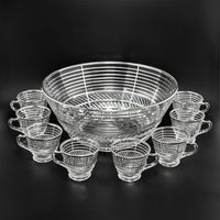 Art Deco Silver Overlay Pressed Glass Punch Bowl & 8 Punch Cups