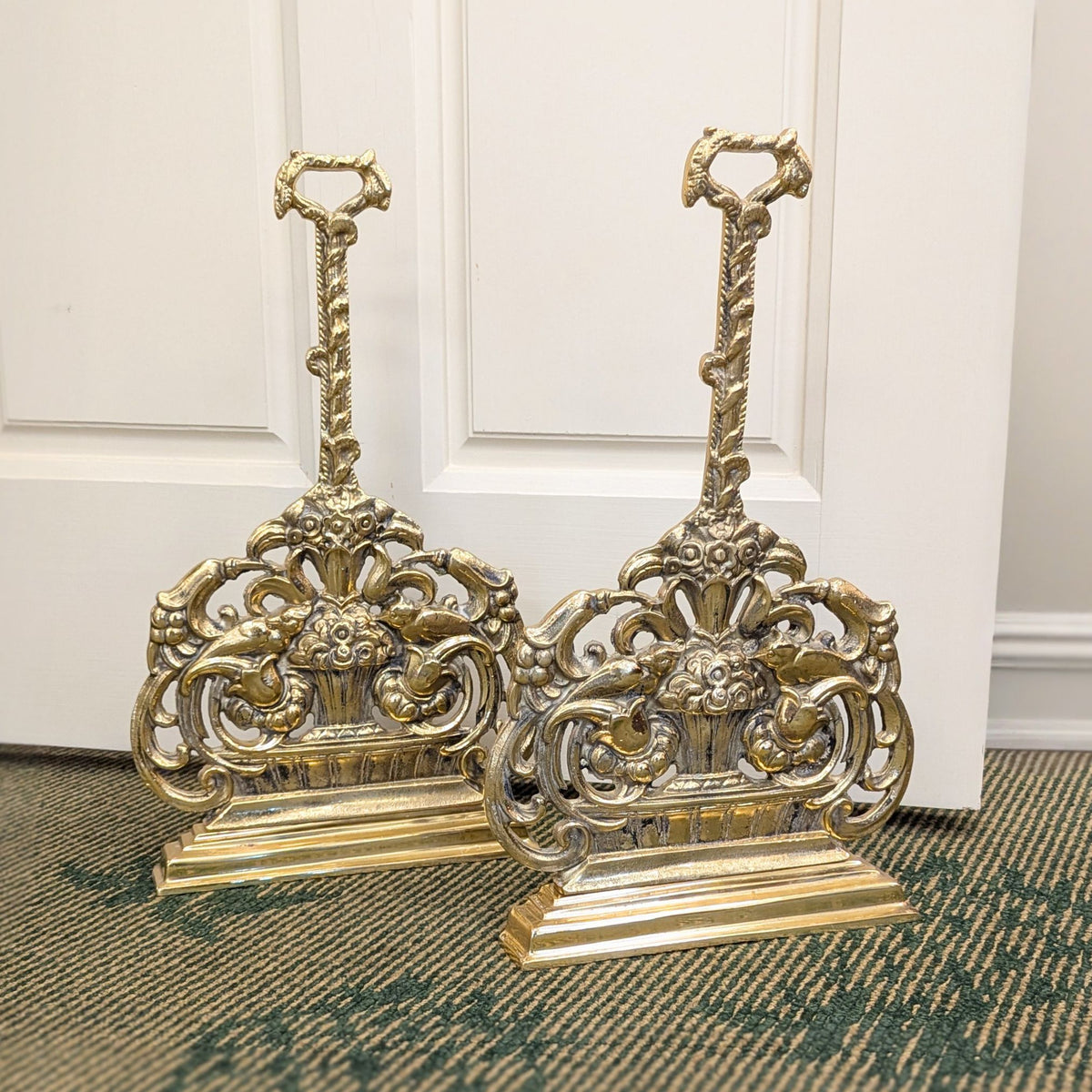Vintage German Solid Brass Flower & Pheasant Door Stops (Pair)