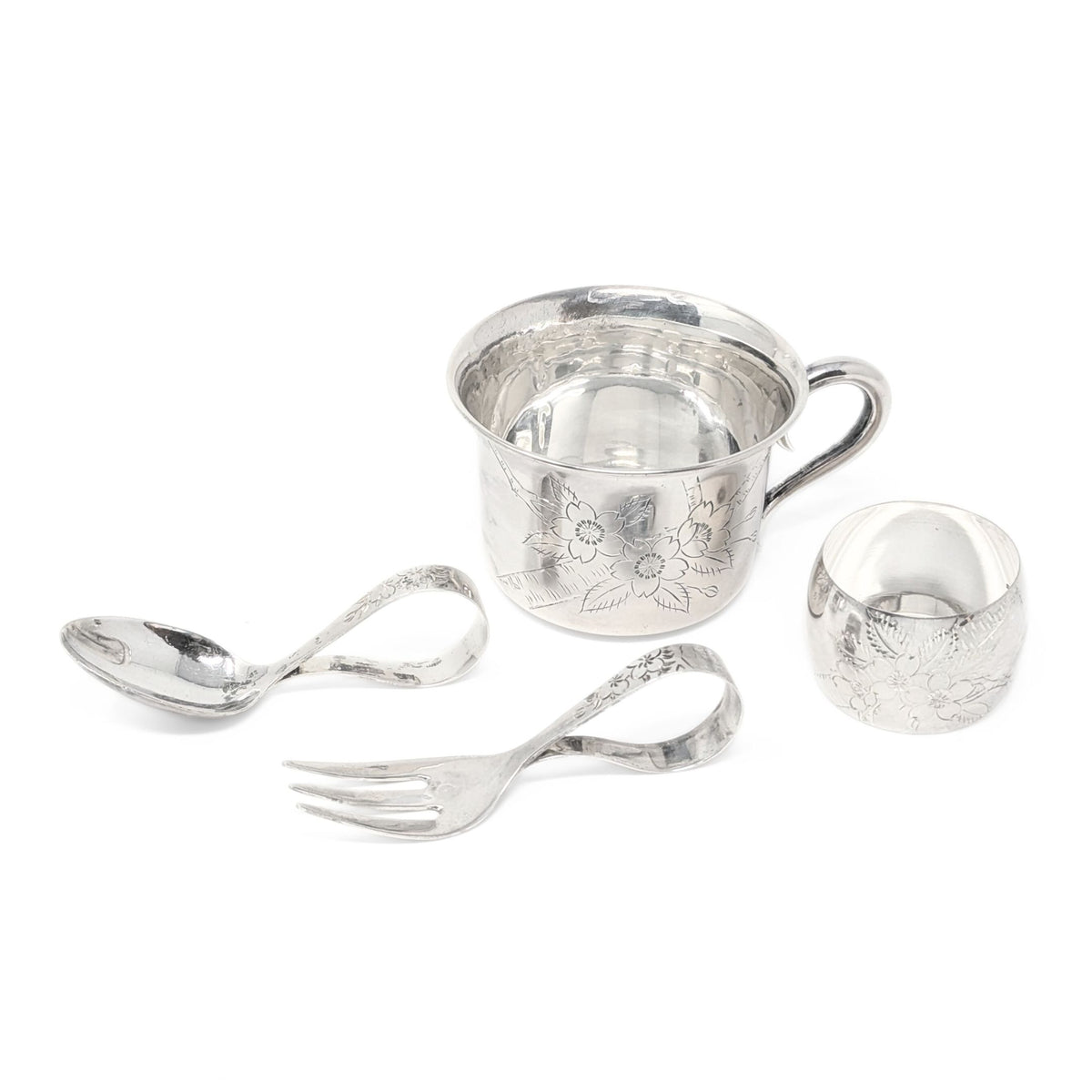 Vintage Japanese Sterling Silver 4pc Baby Set with Box