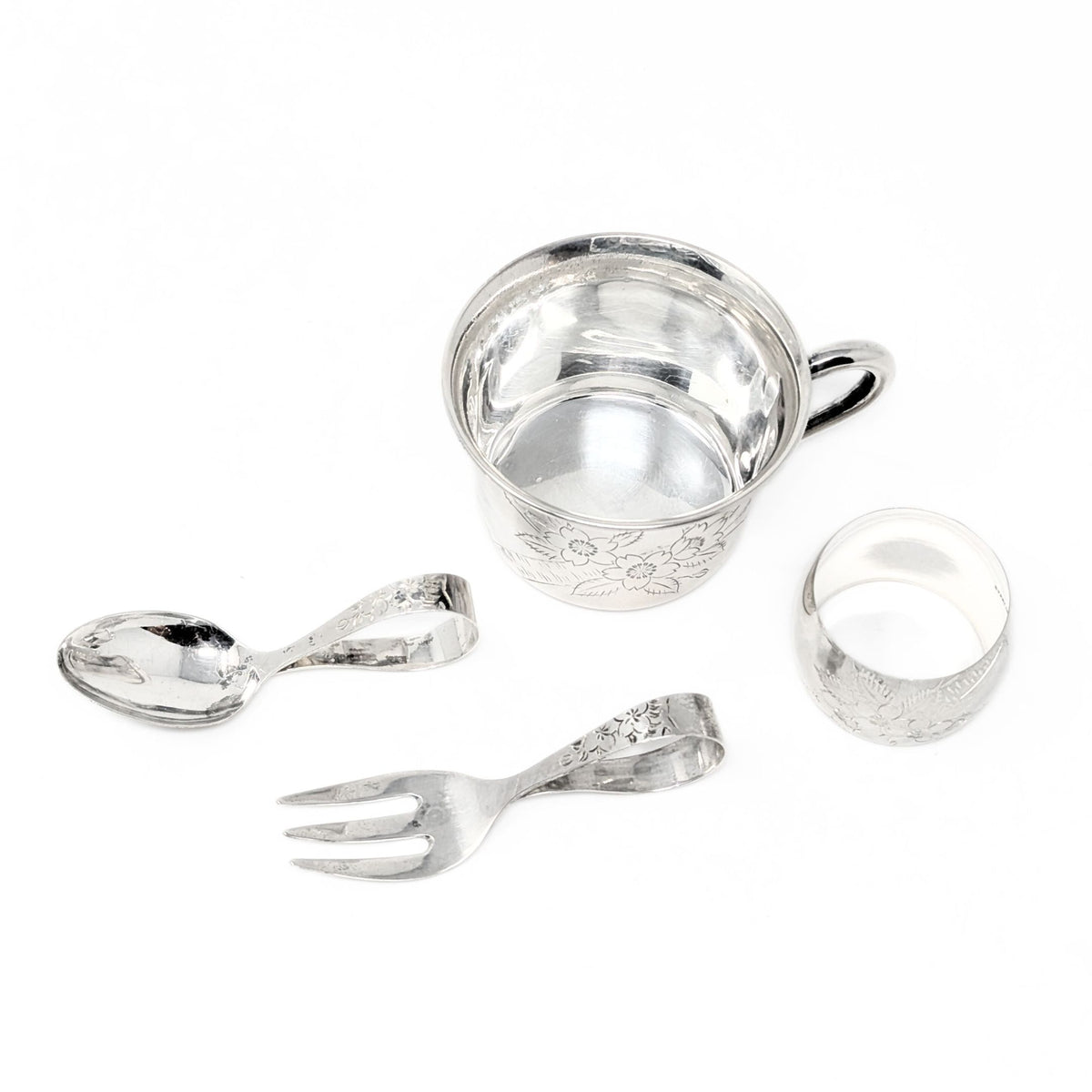 Vintage Japanese Sterling Silver 4pc Baby Set with Box