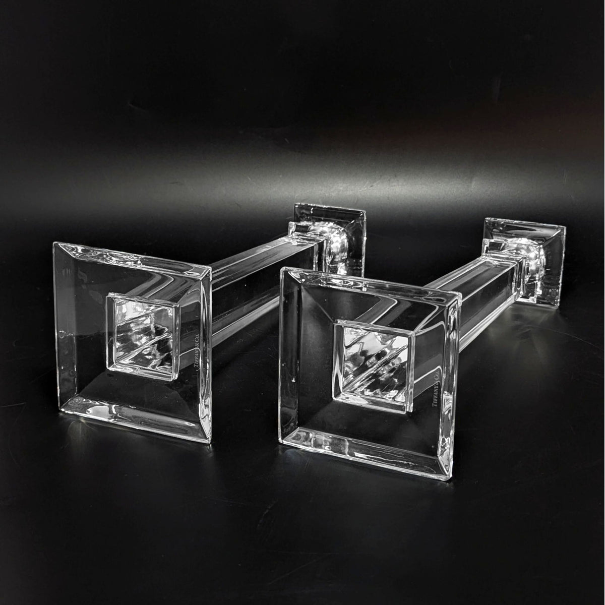 Tiffany & Co. Classic Glass Pair of Candlesticks W/ Box