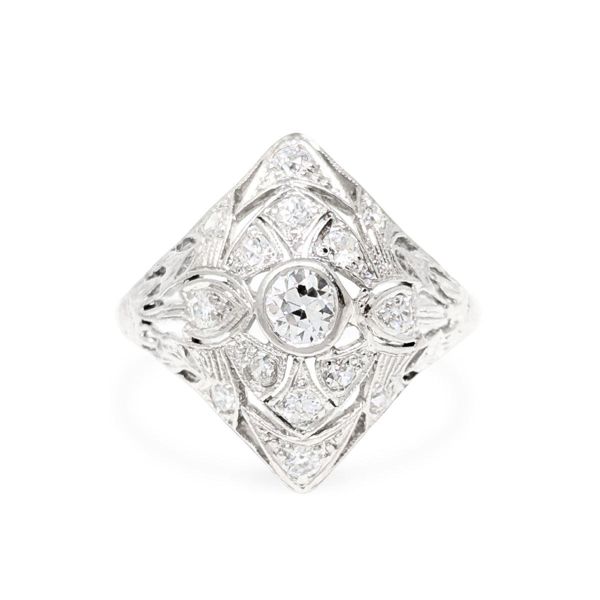 Antique Platinum & Diamond Filigree Ring - Size 7 W/ Papers