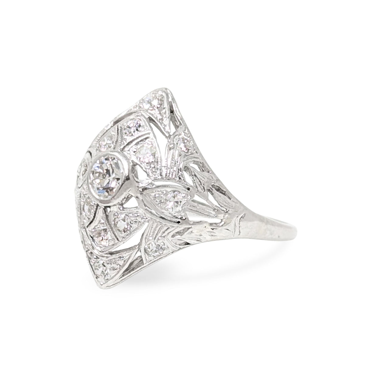 Antique Platinum & Diamond Filigree Ring - Size 7 W/ Papers