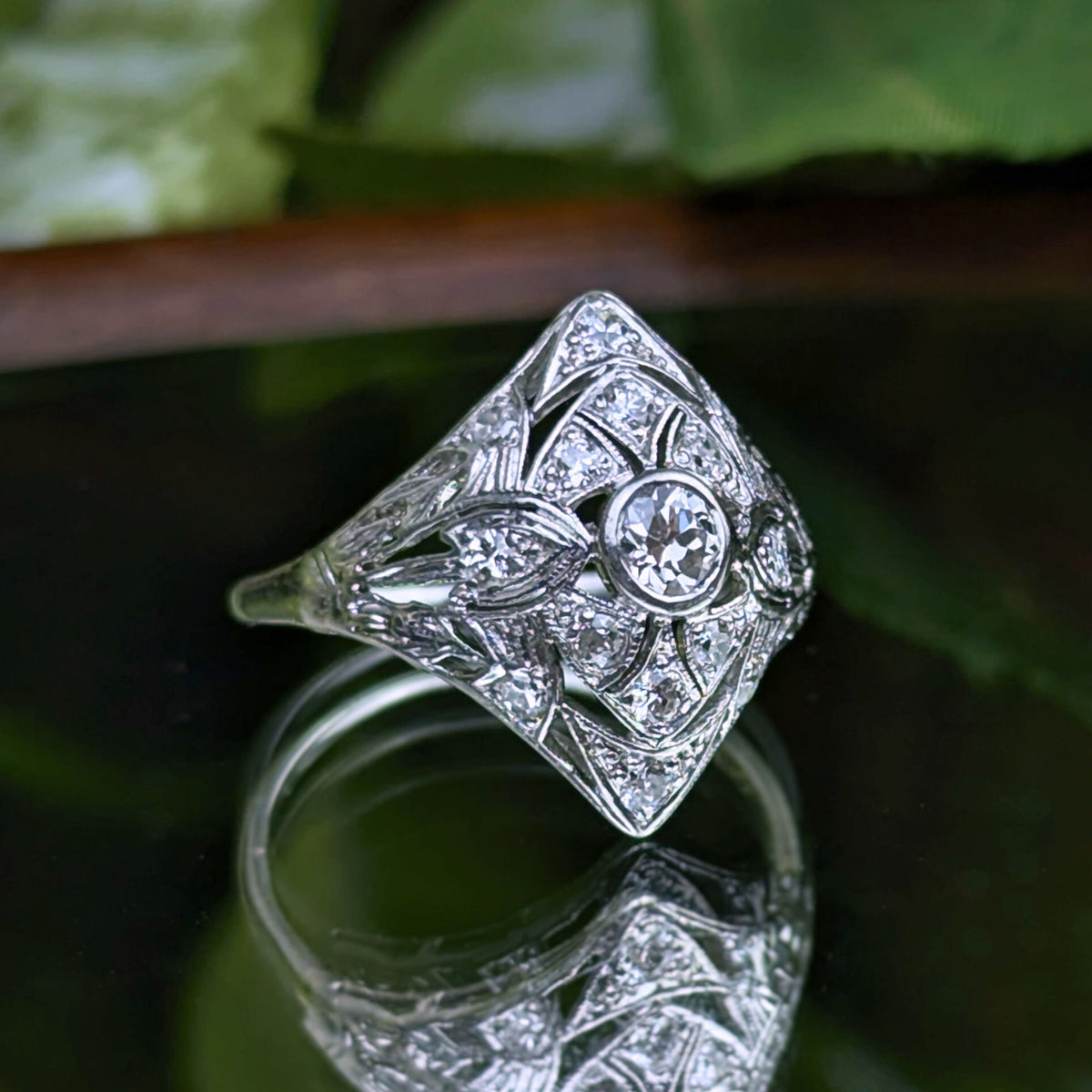 Antique Platinum & Diamond Filigree Ring - Size 7 W/ Papers