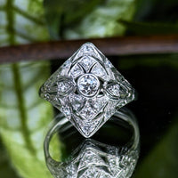 Antique Platinum & Diamond Filigree Ring - Size 7 W/ Papers