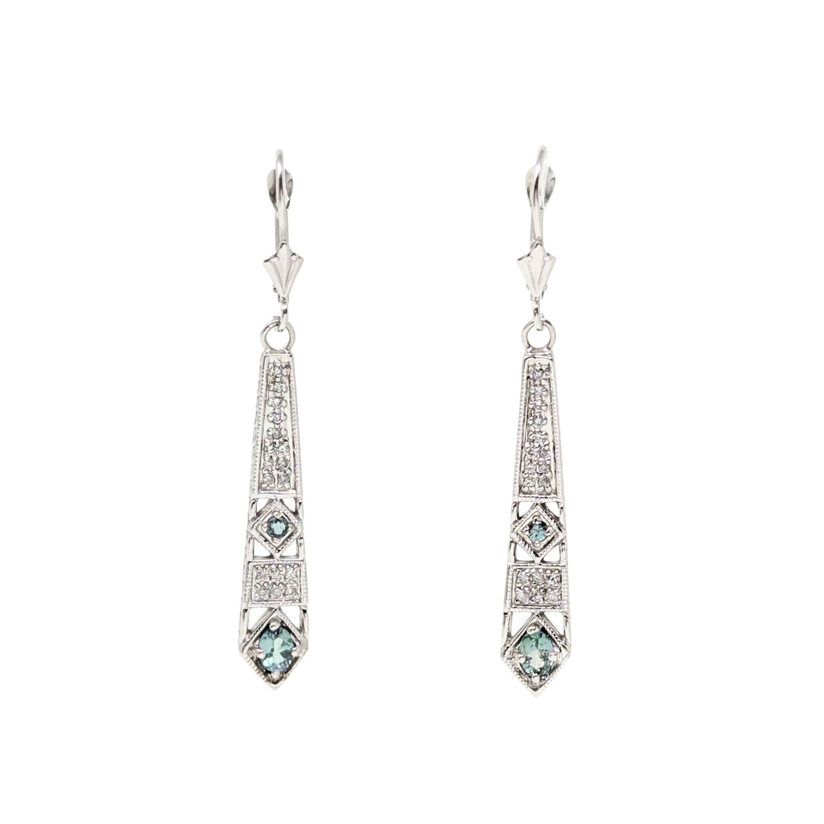 Art Deco Style 14K White Gold Diamond & Blue/Green Topaz Drop Earrings