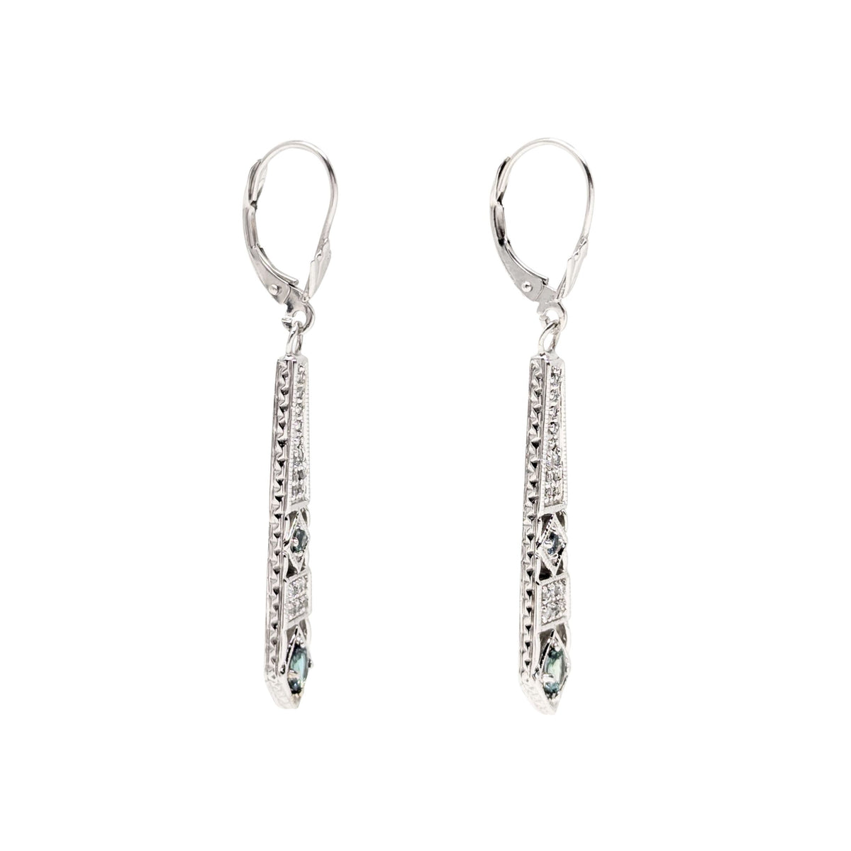 Art Deco Style 14K White Gold Diamond & Blue/Green Topaz Drop Earrings