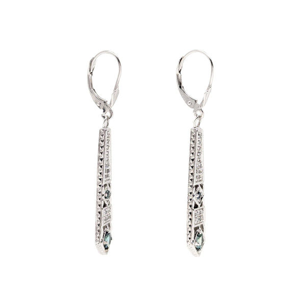 Art Deco Style 14K White Gold Diamond & Blue/Green Topaz Drop Earrings