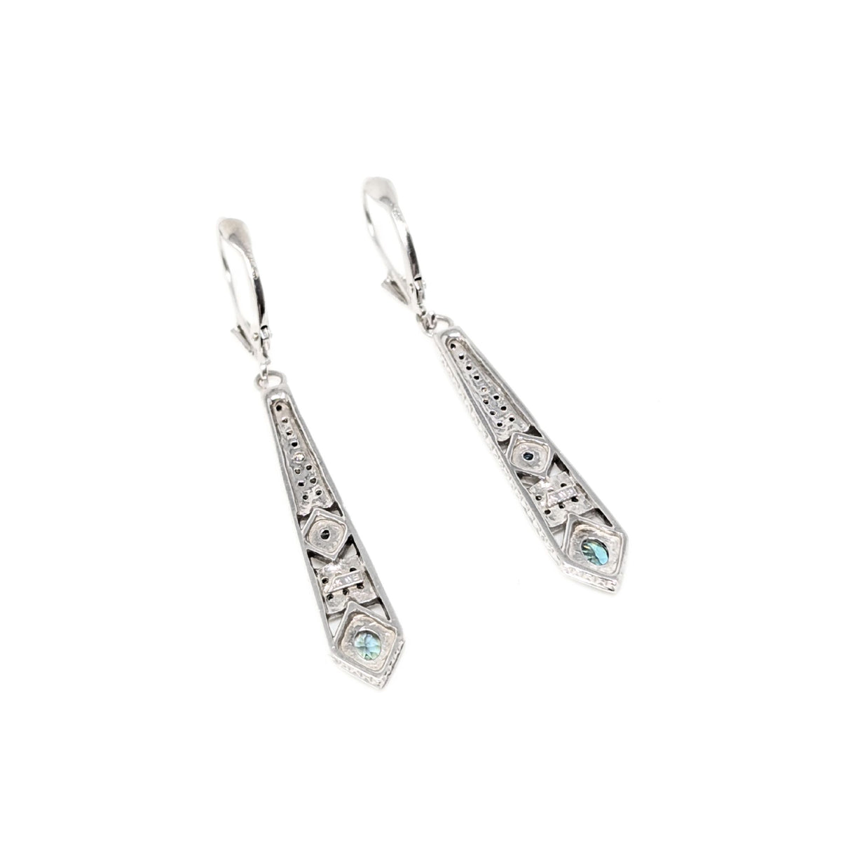 Art Deco Style 14K White Gold Diamond & Blue/Green Topaz Drop Earrings