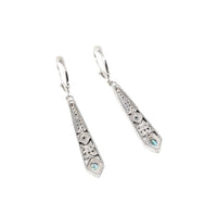 Art Deco Style 14K White Gold Diamond & Blue/Green Topaz Drop Earrings