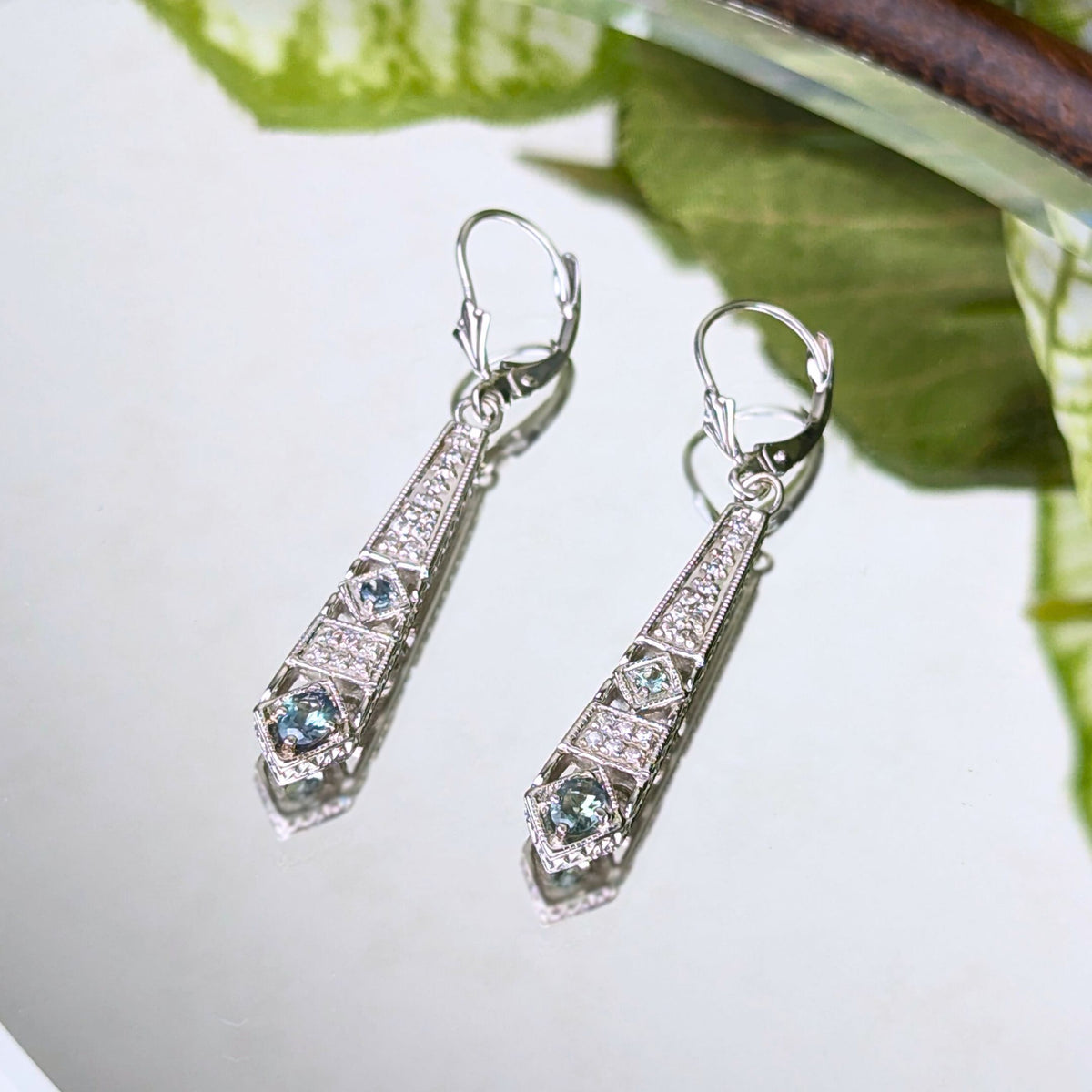 Art Deco Style 14K White Gold Diamond & Blue/Green Topaz Drop Earrings