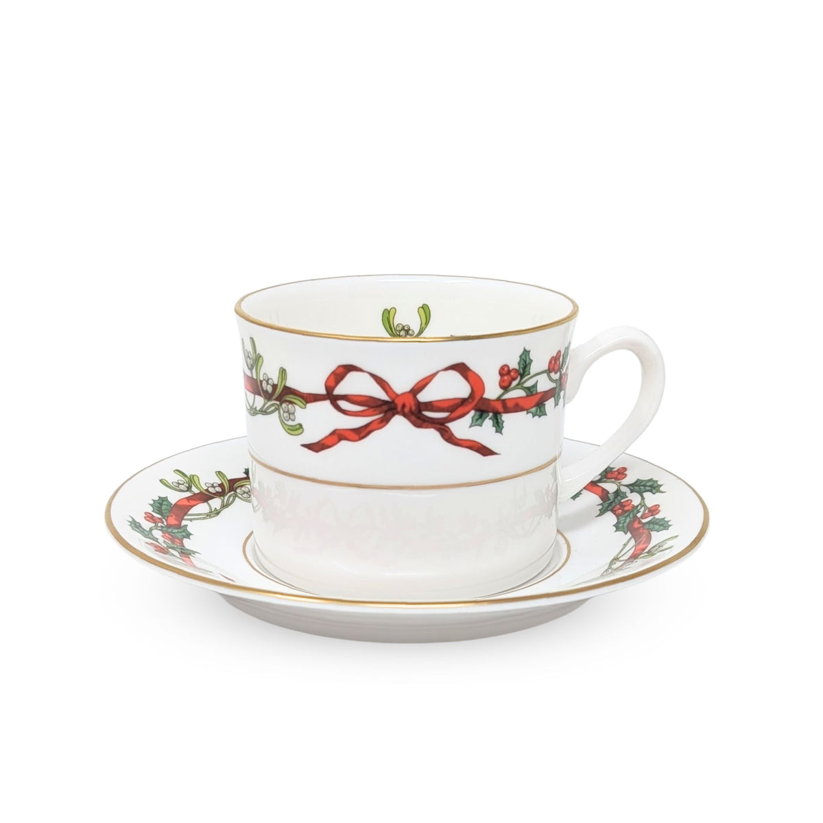 Royal Worcester "Holly Ribbons" Set of 10 Cups & 9 Saucers