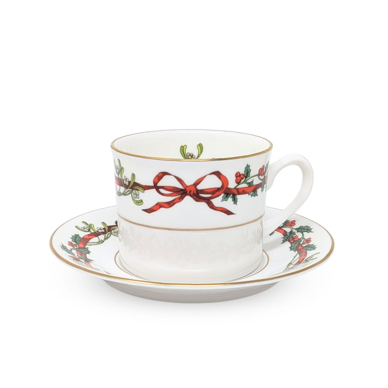 Royal Worcester "Holly Ribbons" Set of 10 Cups & 9 Saucers