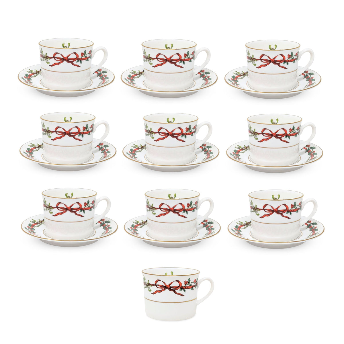 Royal Worcester "Holly Ribbons" Set of 10 Cups & 9 Saucers