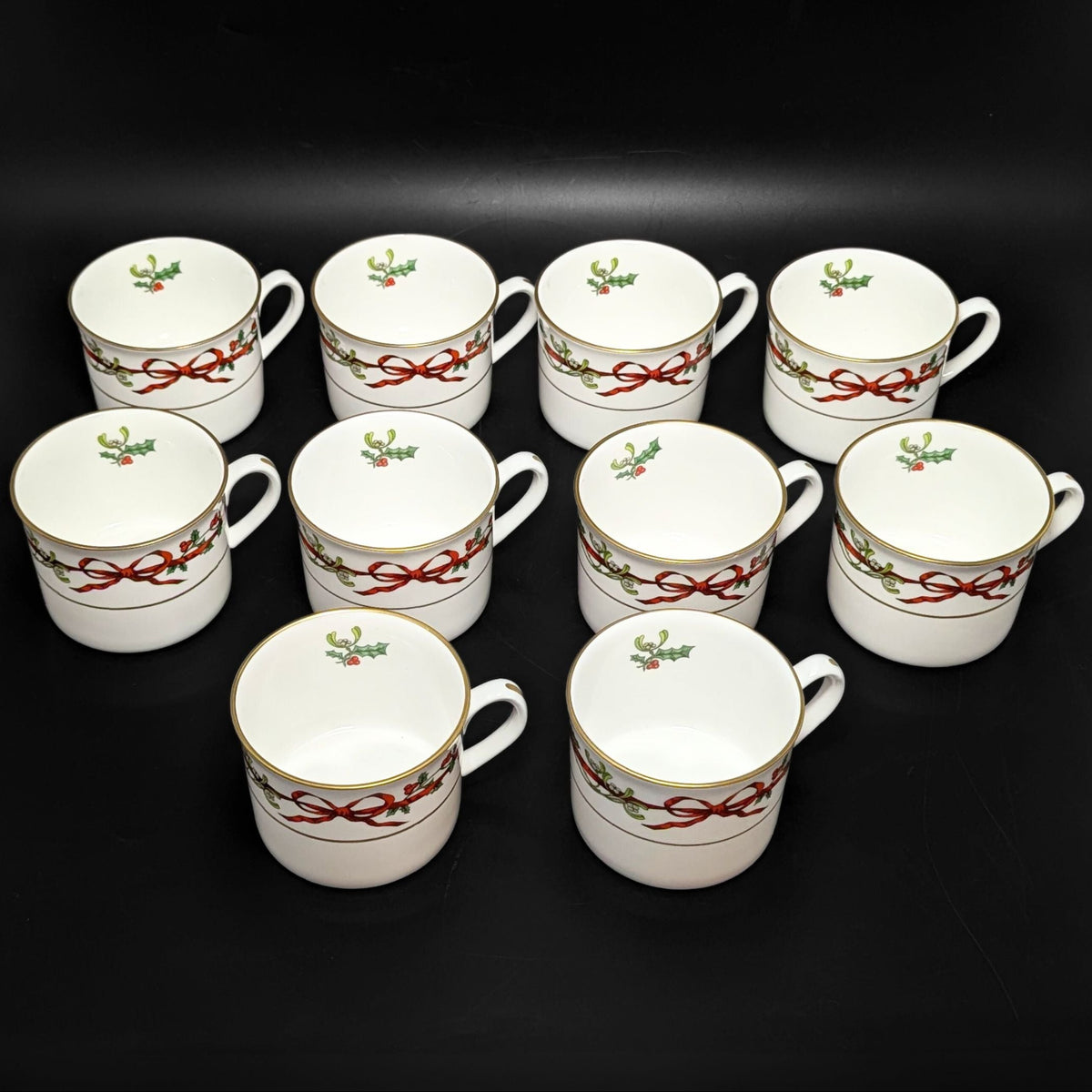 Royal Worcester "Holly Ribbons" Set of 10 Cups & 9 Saucers