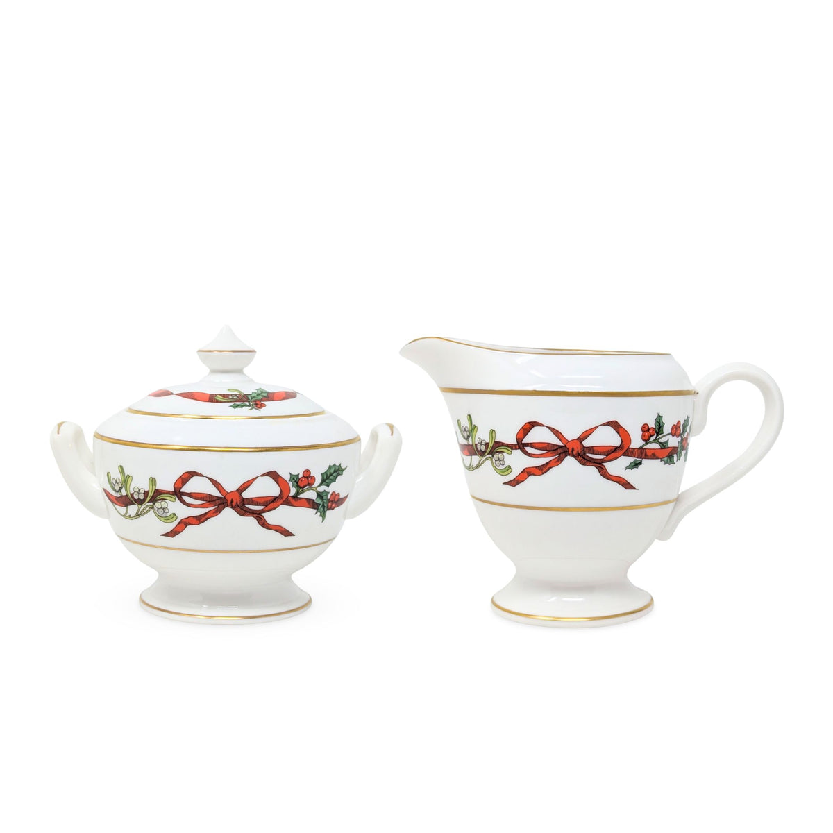 Royal Worcester "Holly Ribbons" Cream & Lidded Sugar