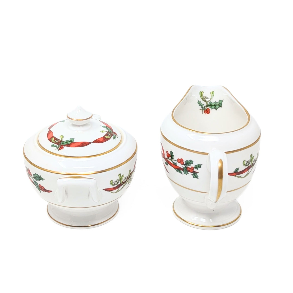 Royal Worcester "Holly Ribbons" Cream & Lidded Sugar