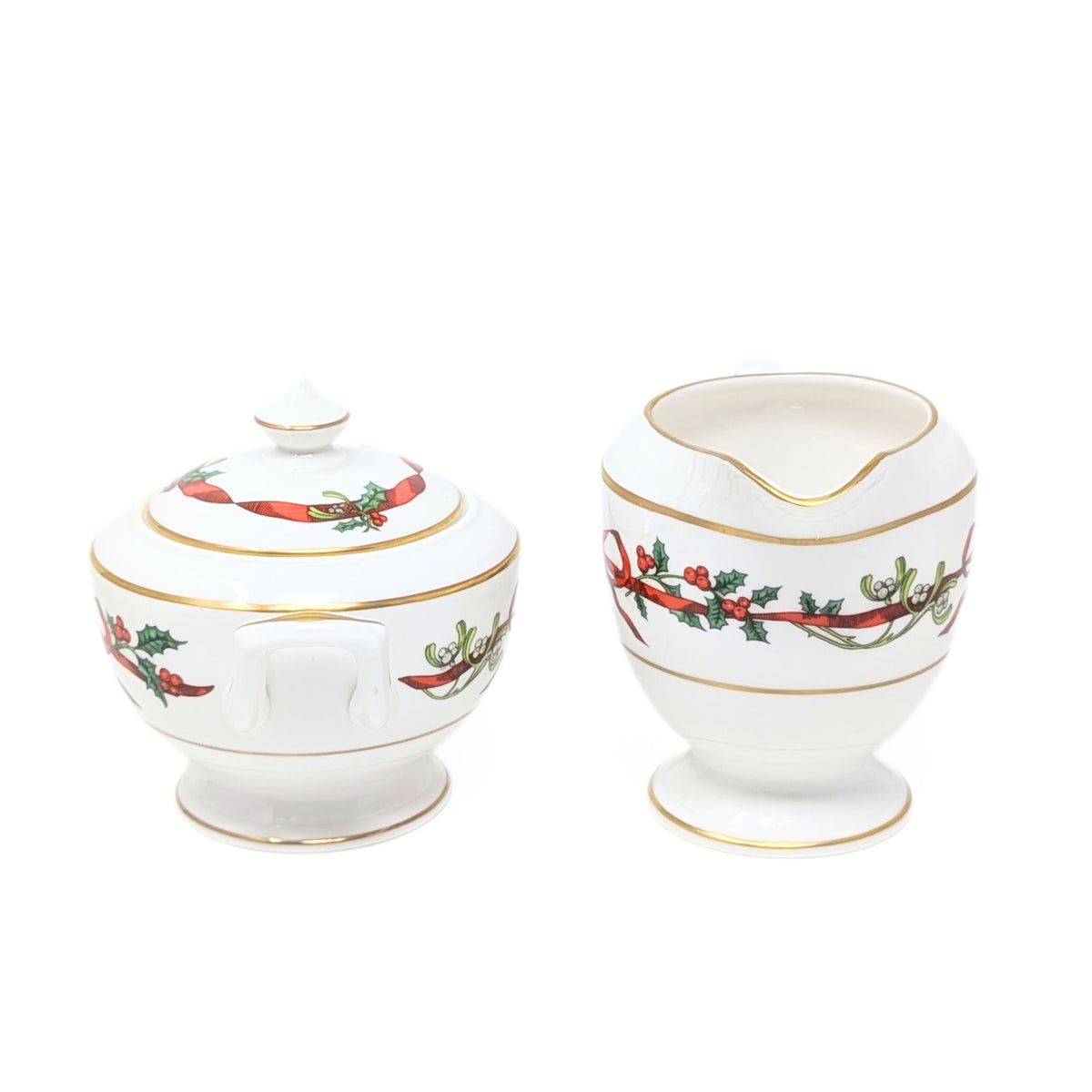 Royal Worcester "Holly Ribbons" Cream & Lidded Sugar
